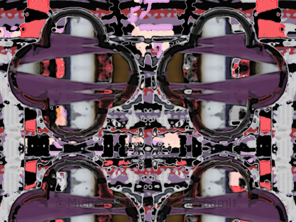 Parlipillar 1 Fantasy An industrial version of this pattern. Bright colours and dark blacks, and gear-like shapes punctuate the design.