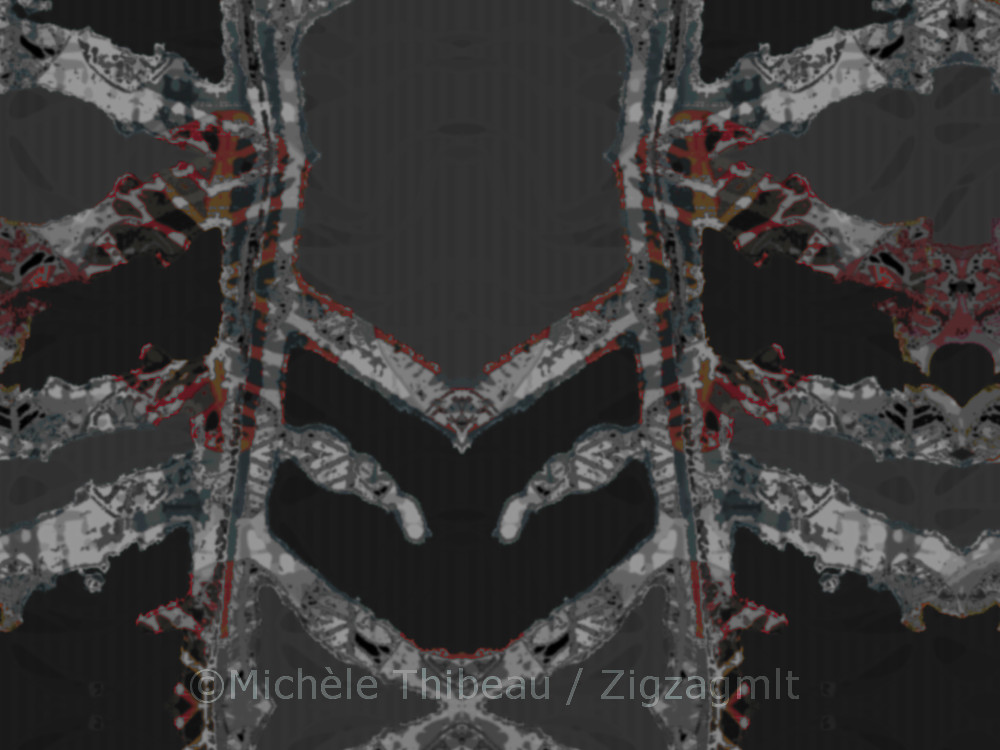 Colourful Plant Skeleton Spot Colour This version has less colour. Red is prominent in the border around the greys and blacks of the panels.