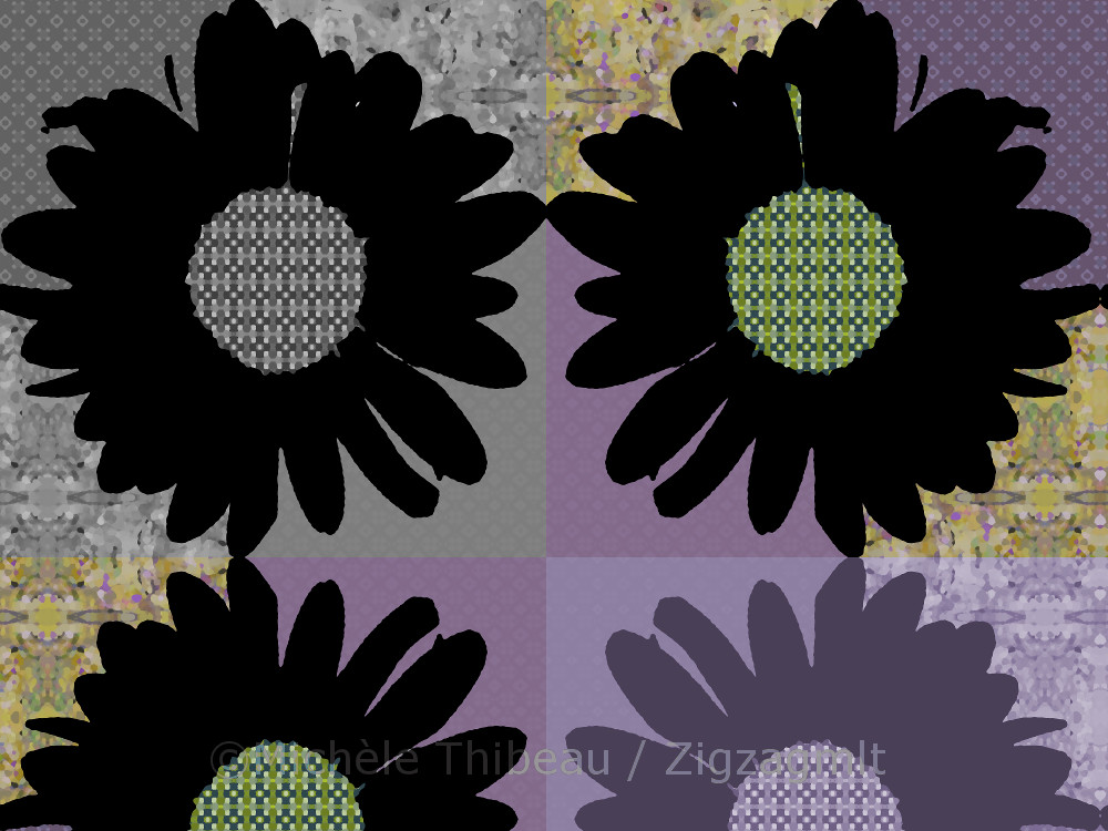 Shasta Daisy V Patchwork Exploring the use of patchwork pattern making. There's a mix of purple and multilcoloured squares in this design.