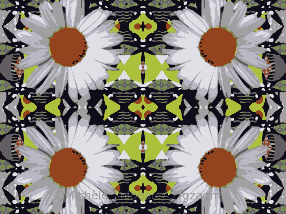 An experiment in creating a repeat with shasta daisies in the forefront, and other patterns in the background.