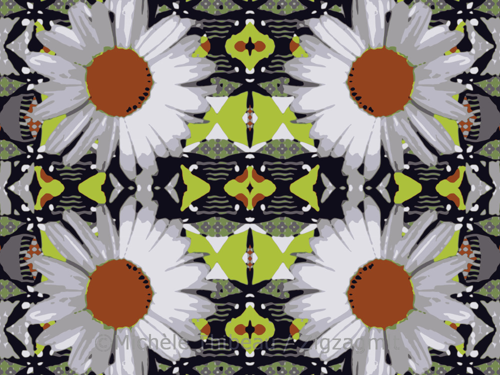 Shasta Daisy Patterned An experiment in creating a repeat with shasta daisies in the forefront, and other patterns in the background.