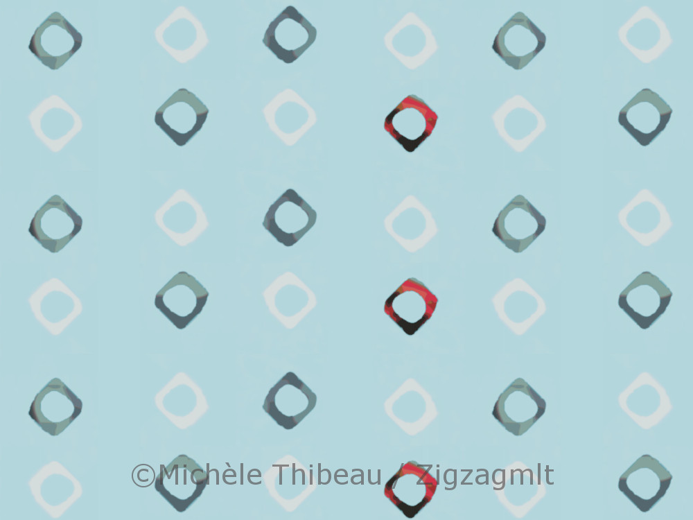 Diamond White-Blue-Red Diamond polka dots with an oil painting effect on a muted sky-blue background.