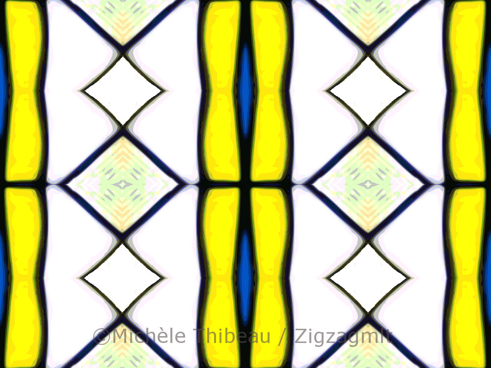 This design features bright yellow stripes, a bright blue and plenty of fresh white. Looks like a window.