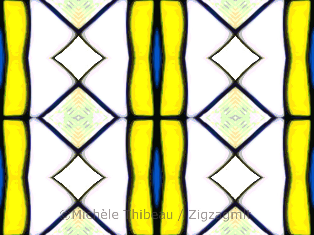 This design features bright yellow stripes, a bright blue and plenty of fresh white. Looks like a window.