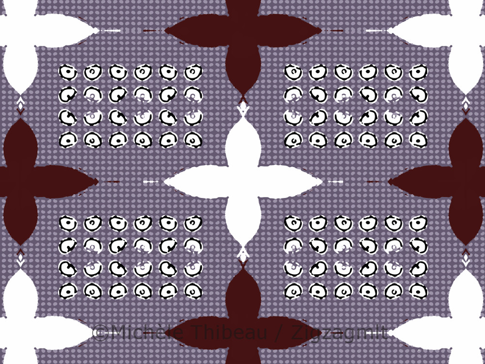 White Black Purple Batik An early experiment with mixing and matching patterns to create layers, depth and one complicated repeat.