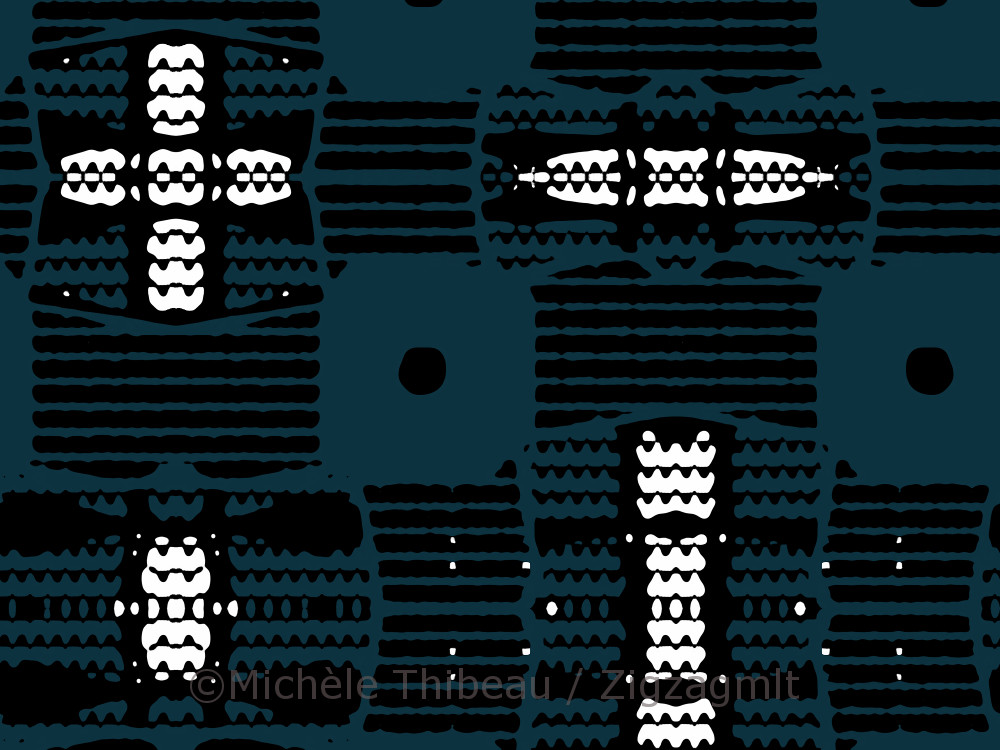 Flower White on Black Blue Bold colours and bright, contrasty shapes dominate this repeat pattern. Could be waves or teeth or submarines...